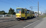 Die erste Fahrt auf der Neubaustrecke Johannisthal-Adlershof: Fahrleitungs-Messfahrt am 14.09.2021 mit Tw 4572 - Rangieren an der Zwischenendstelle Gro-Berliner Damm/Gerhard-Sedlmayr-Strae.