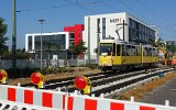 Die erste Fahrt auf der Neubaustrecke Johannisthal-Adlershof: Fahrleitungs-Messfahrt am 14.09.2021 mit Tw 4572 Karl-Ziegler-Straße.