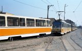 1996 ist an der Strada 1 Decembrie 1918 der Beiwagen unseres Sonderzuges bei der Einfahrt auf das Anschlußgleis der Brauerei  entgleist. Die nachfolgenden Züge stauen sich.